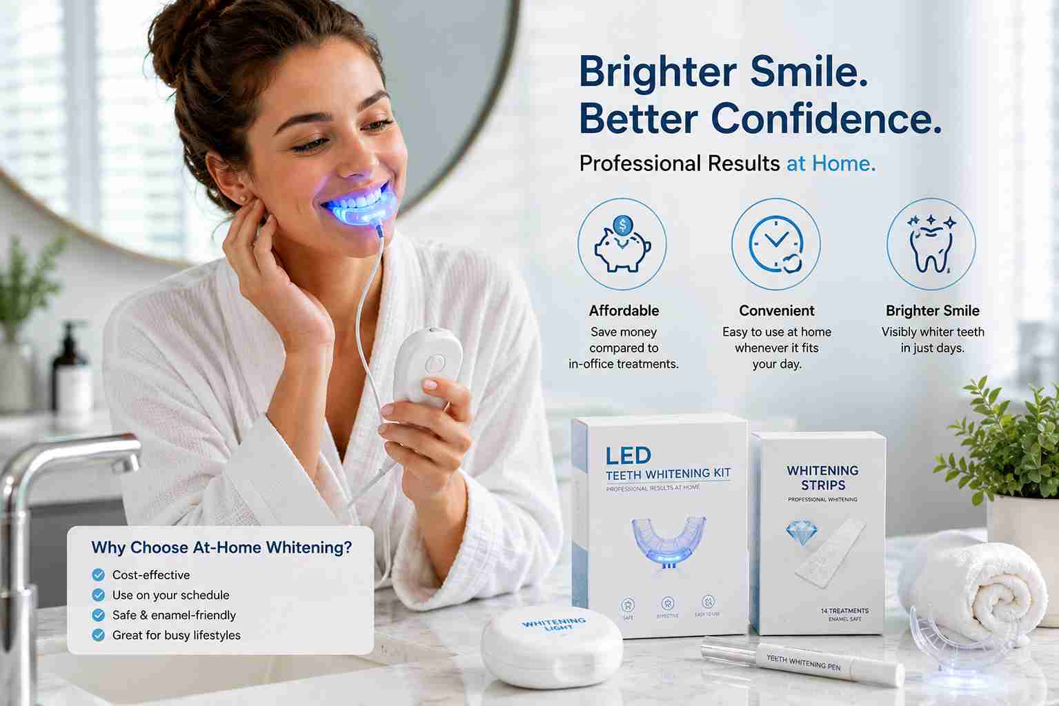 Benefits of using at home teeth whitening kits instead of professional whitening
