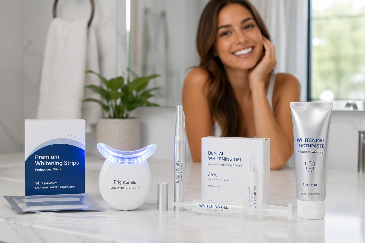 Best at home teeth whitening products including whitening strips, LED kits, gels, pens, and toothpaste.
