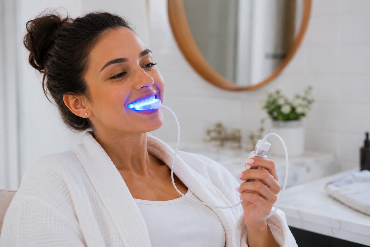 Adult using an LED teeth whitening kit at home.