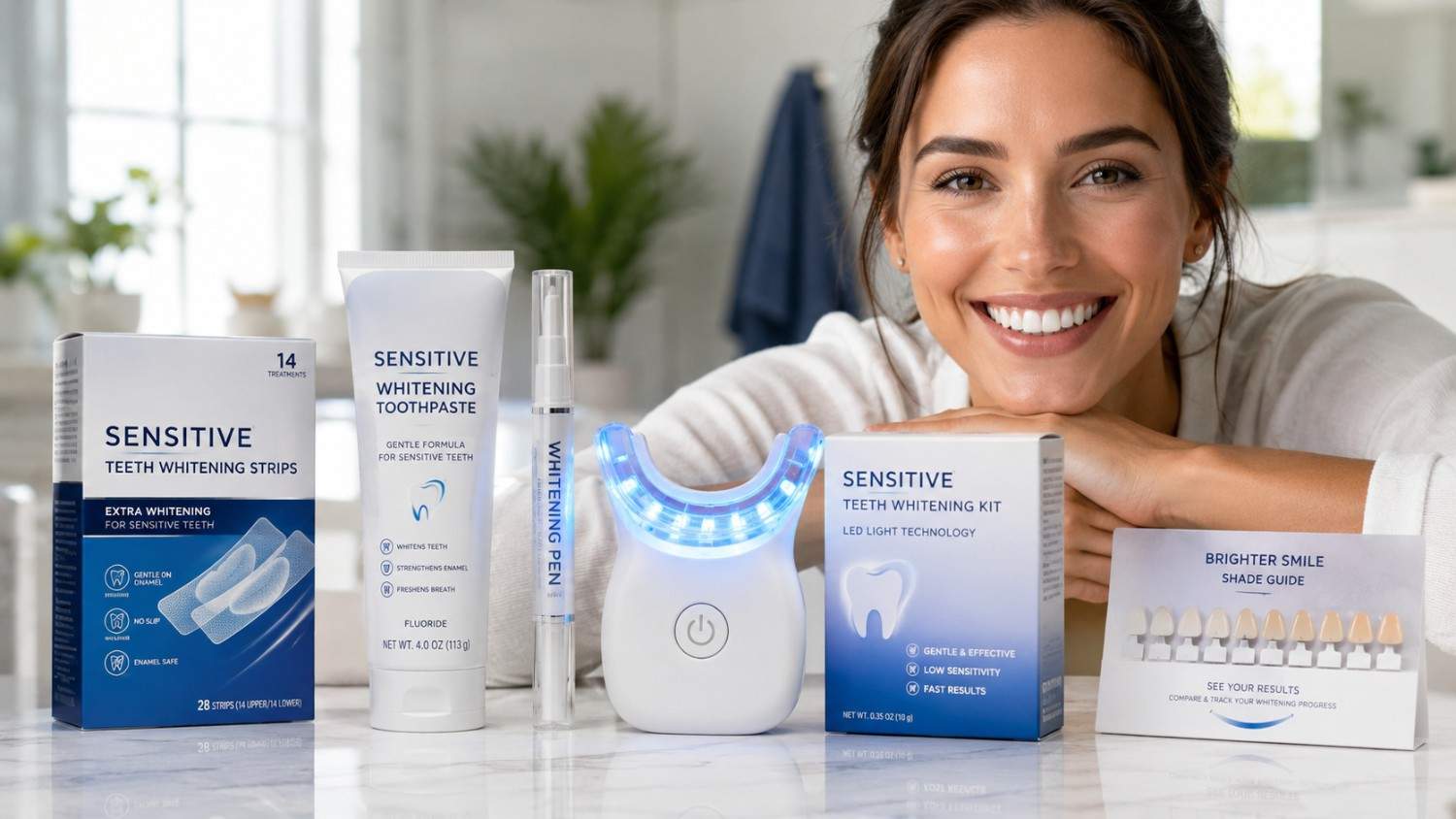 Best teeth whitening products for sensitive teeth displayed with whitening strips, toothpaste, LED kit, and bright healthy smile