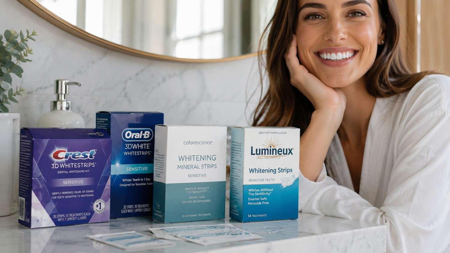 Best whitening strips for sensitive teeth displayed beside a bright healthy smile