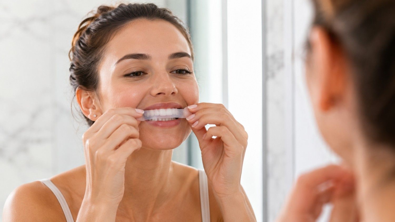 Person applying whitening strips at home for brighter teeth.
