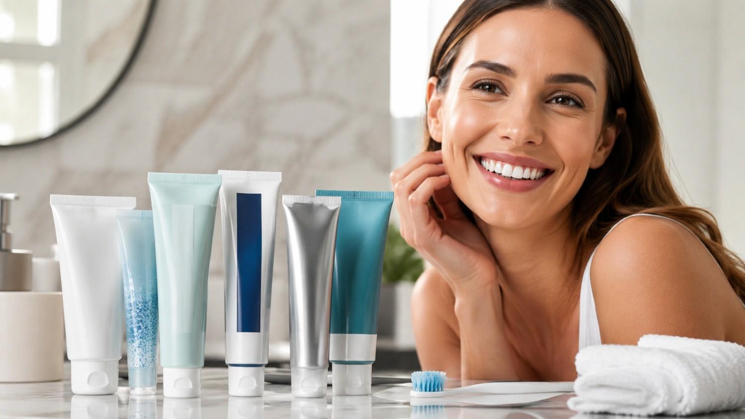 Best whitening toothpaste for sensitive teeth beside a bright healthy smile