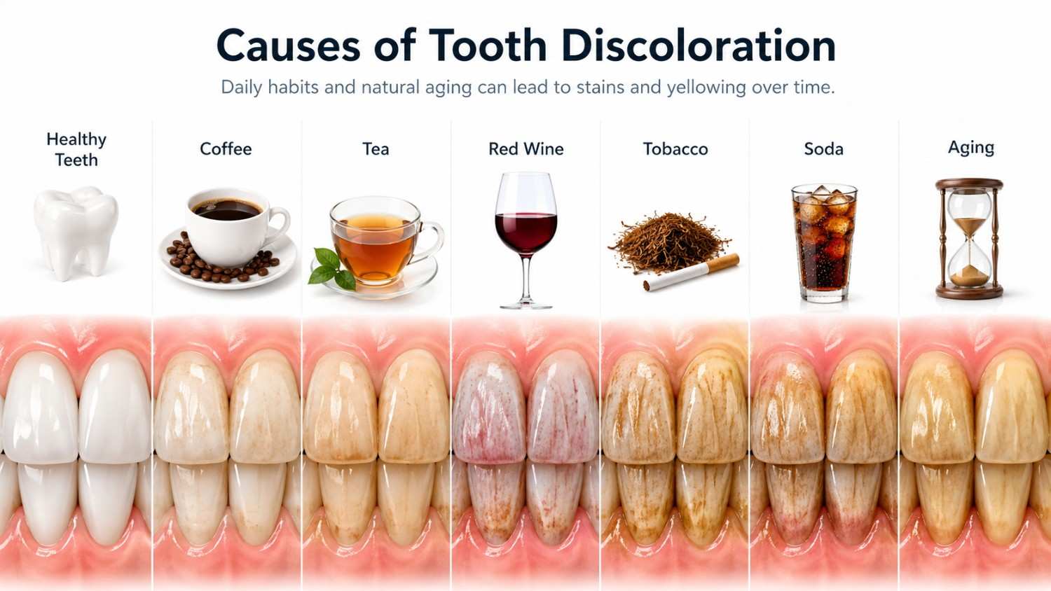 Common causes of tooth discoloration including coffee, tea, wine, smoking, and aging.
