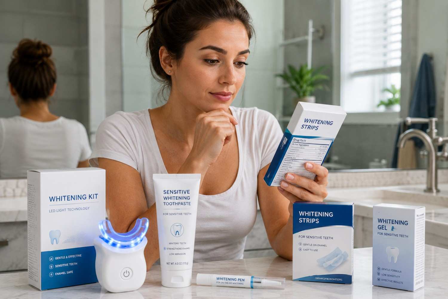 Person comparing different whitening products for sensitive teeth before buying