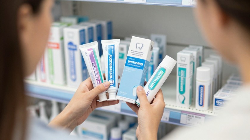 Person comparing different at home teeth whitening products before buying