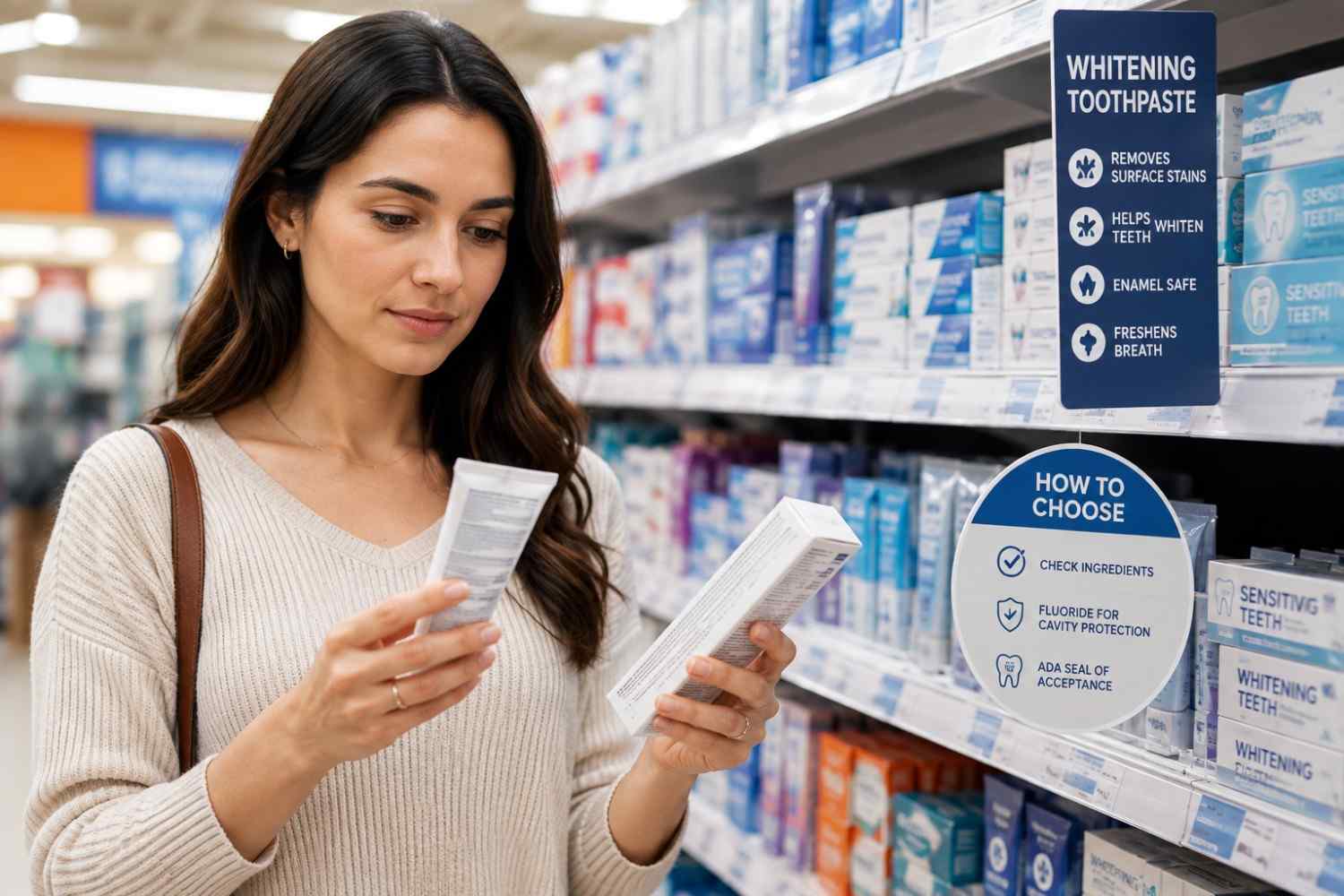person choosing toothpaste in store aisle