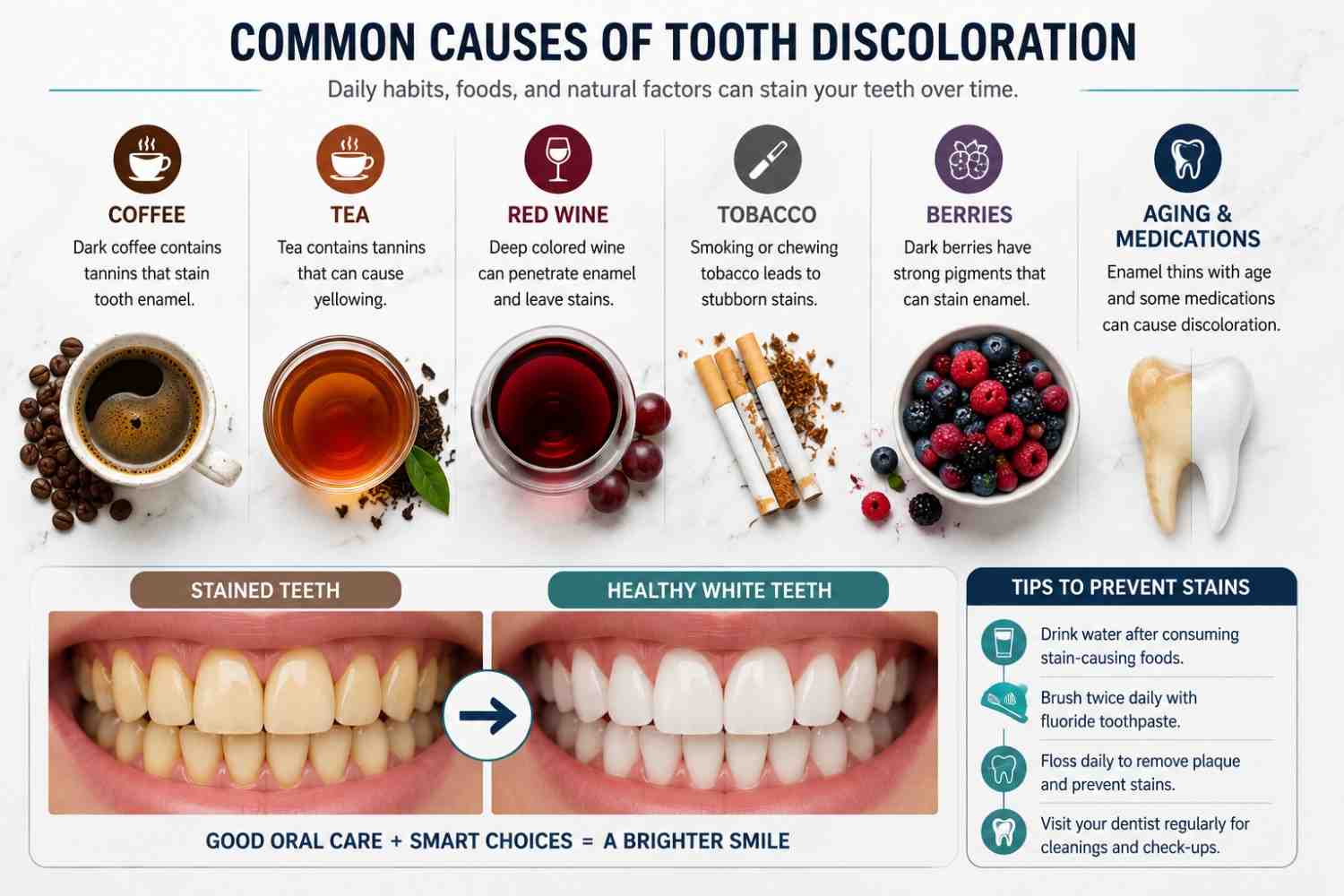 Common causes of tooth discoloration including coffee tea smoking and aging