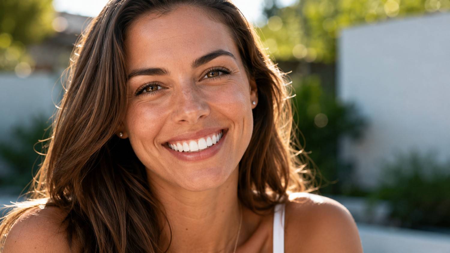 Healthy confident smile after using whitening strips for sensitive teeth