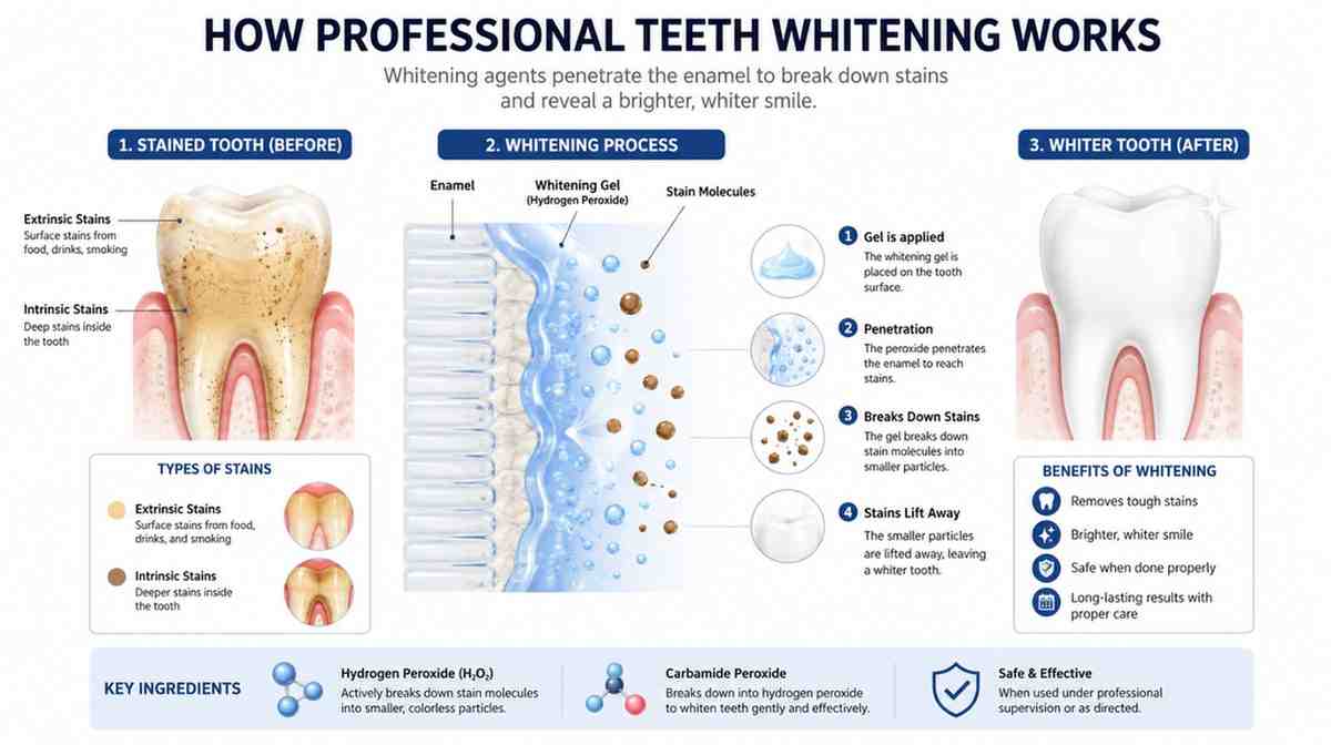 Illustration showing how professional teeth whitening removes stains