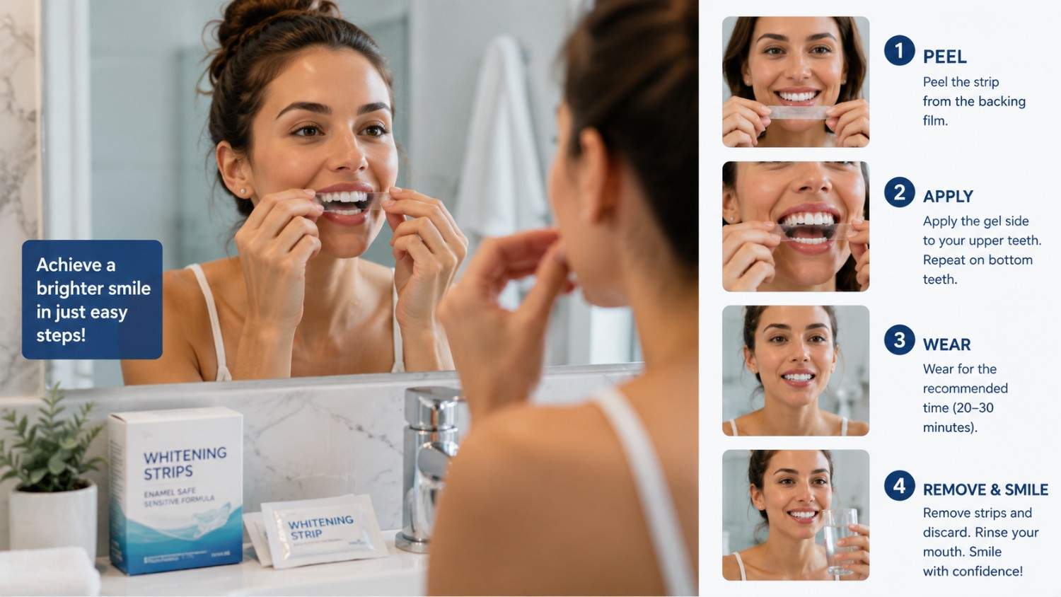 Person applying whitening strips correctly at home