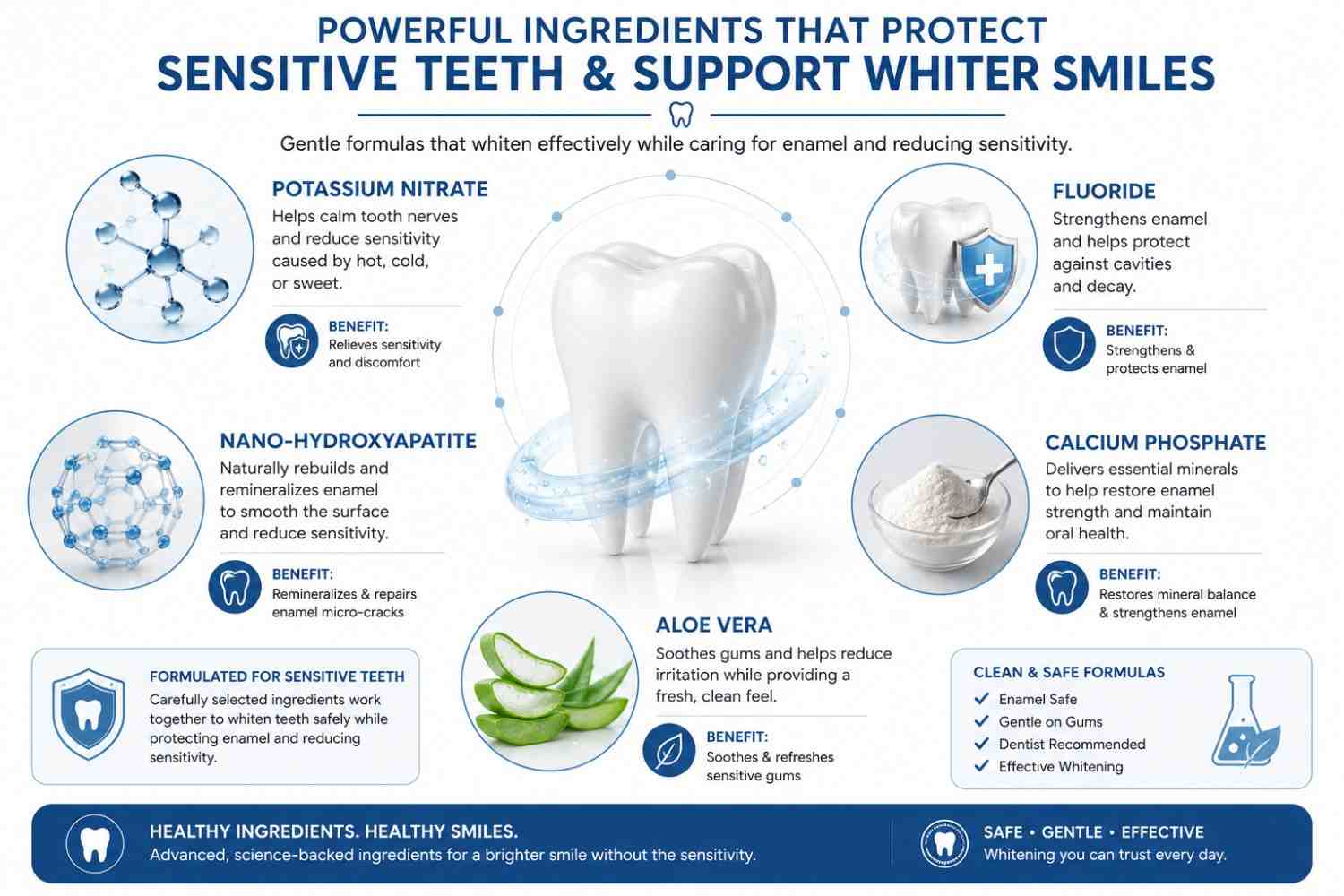 Infographic showing potassium nitrate fluoride and hydroxyapatite for sensitive teeth