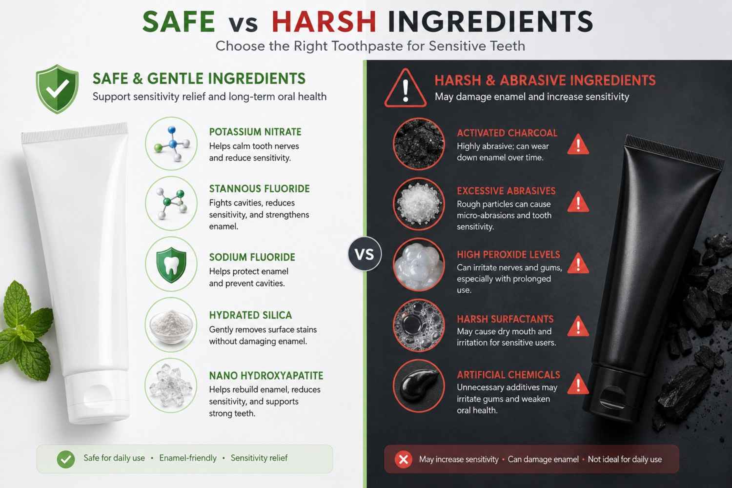 Comparison of safe and harsh whitening toothpaste ingredients