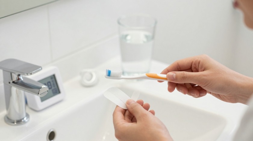 Safe at home teeth whitening routine with toothbrush whitening strips and timer
