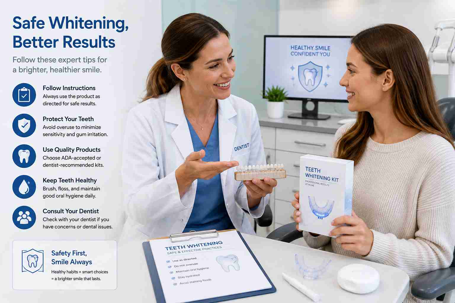 Safe use of at home teeth whitening kits following manufacturer instructions