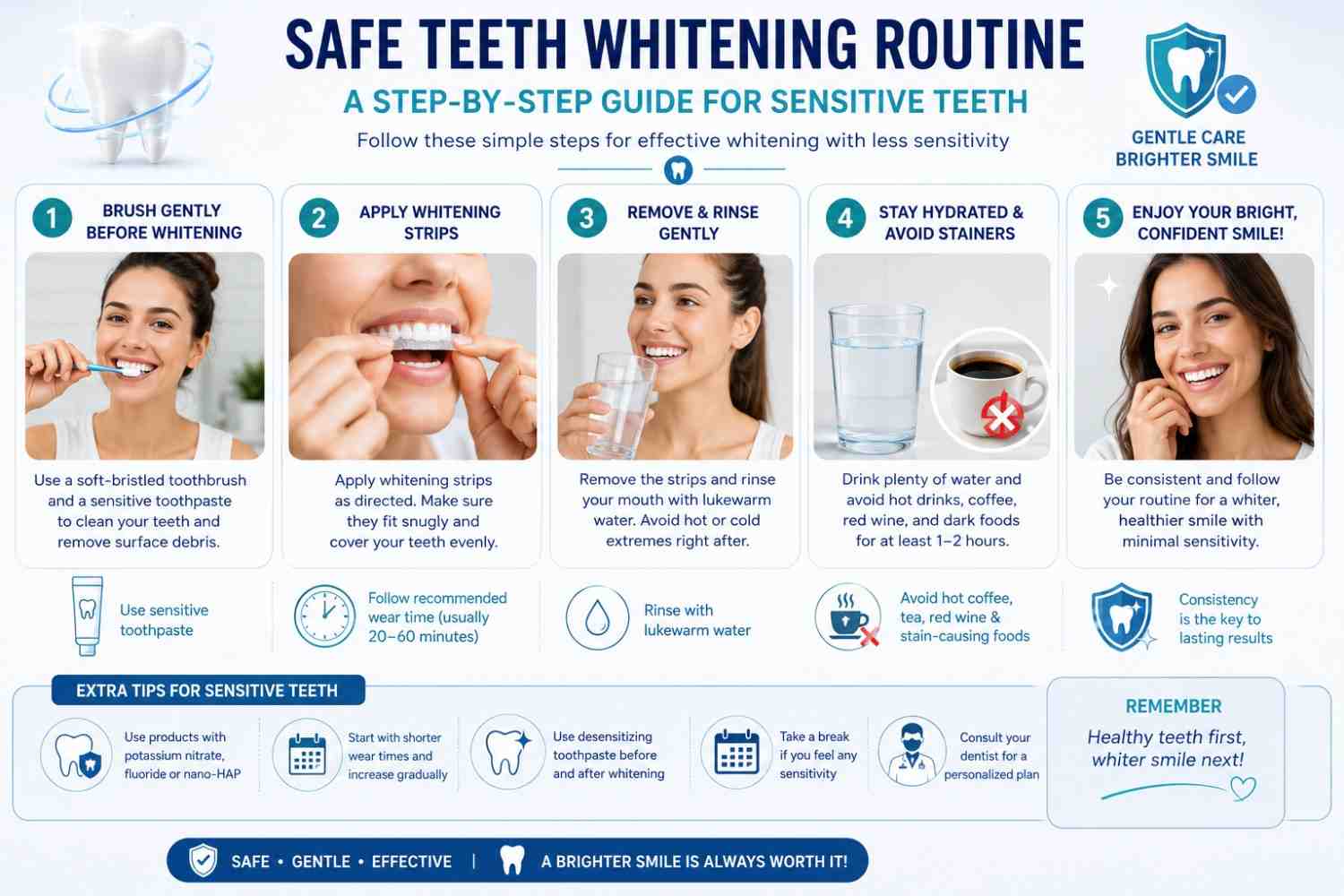Safe daily routine for whitening sensitive teeth