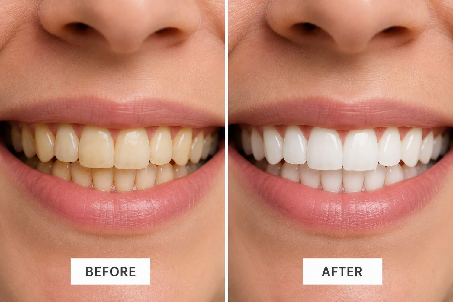 Before and after results using at-home teeth whitening products.
