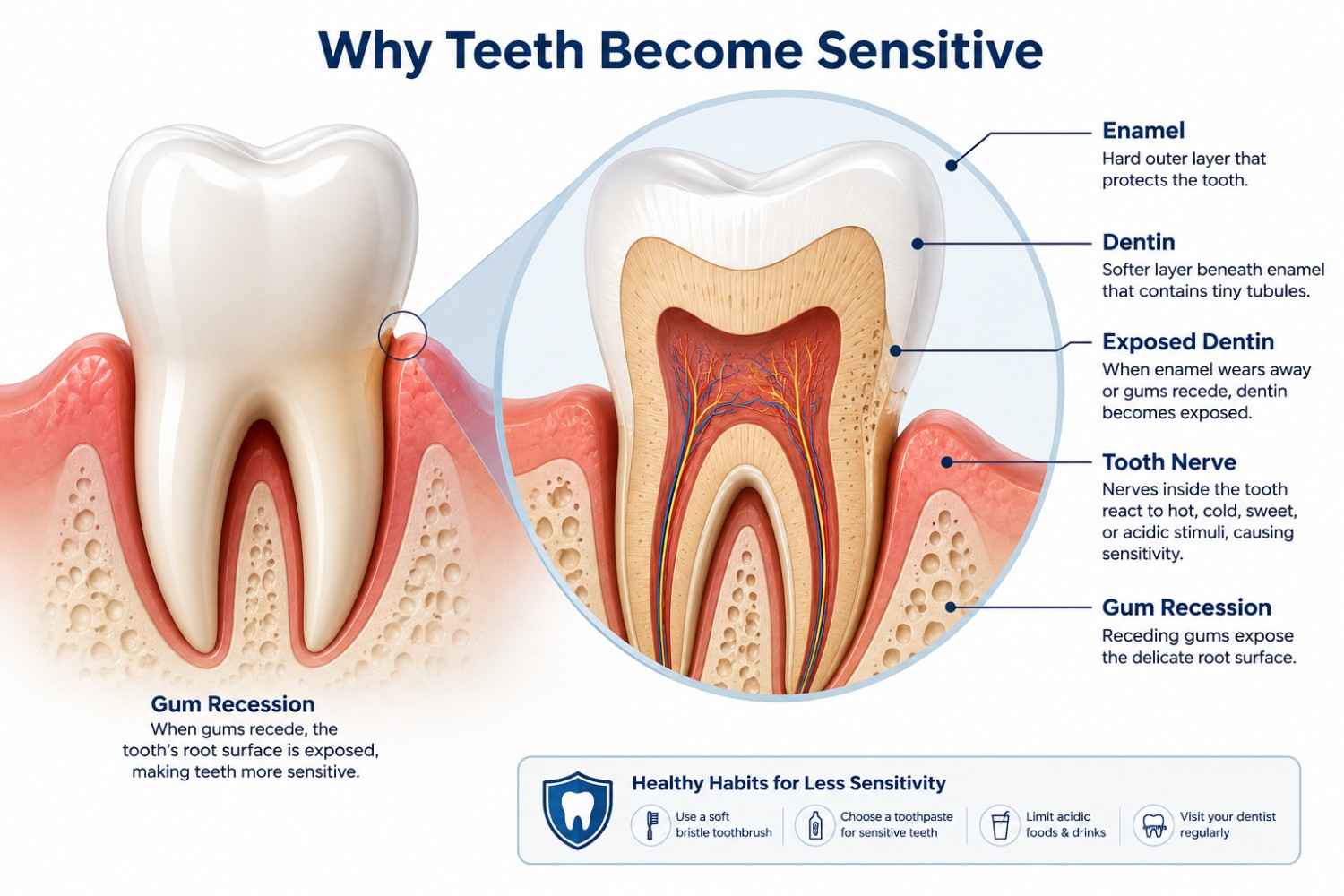 Illustration showing enamel dentin and tooth sensitivity