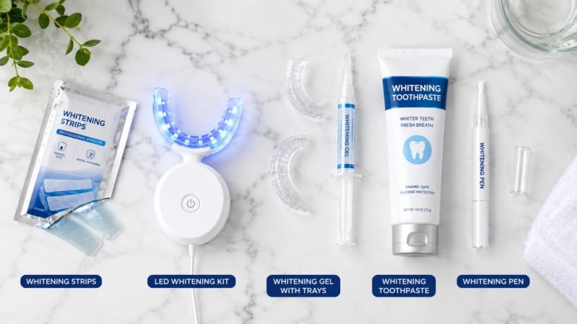 Comparison of whitening strips LED kits trays toothpaste and whitening pens