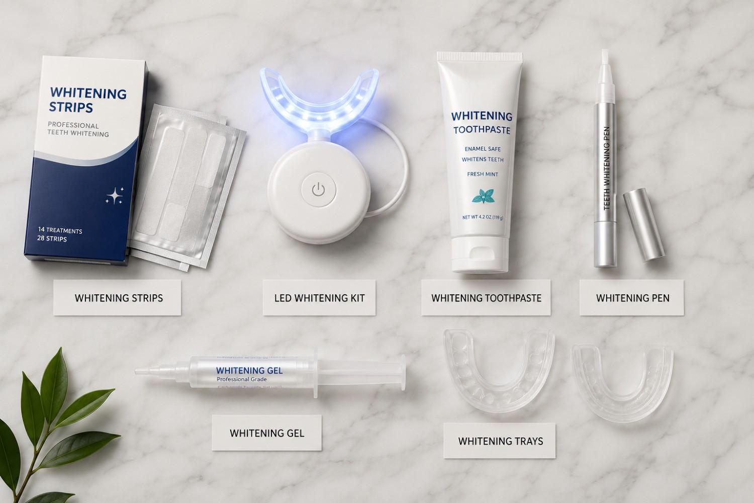 Comparison of different at-home teeth whitening products including strips, LED kits, pens, toothpaste, and gels.