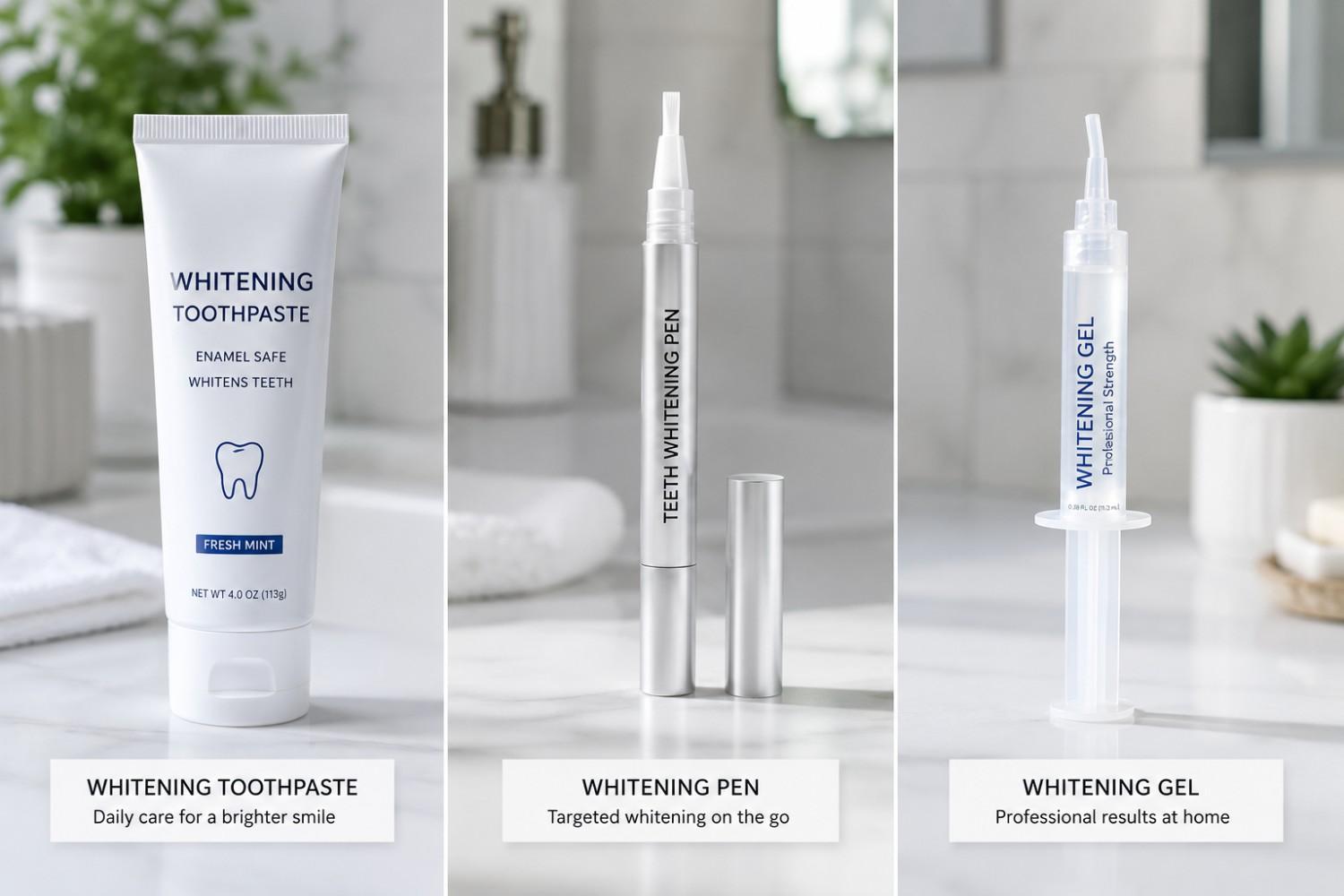 Comparison of whitening toothpaste, whitening pen, and whitening gel products.