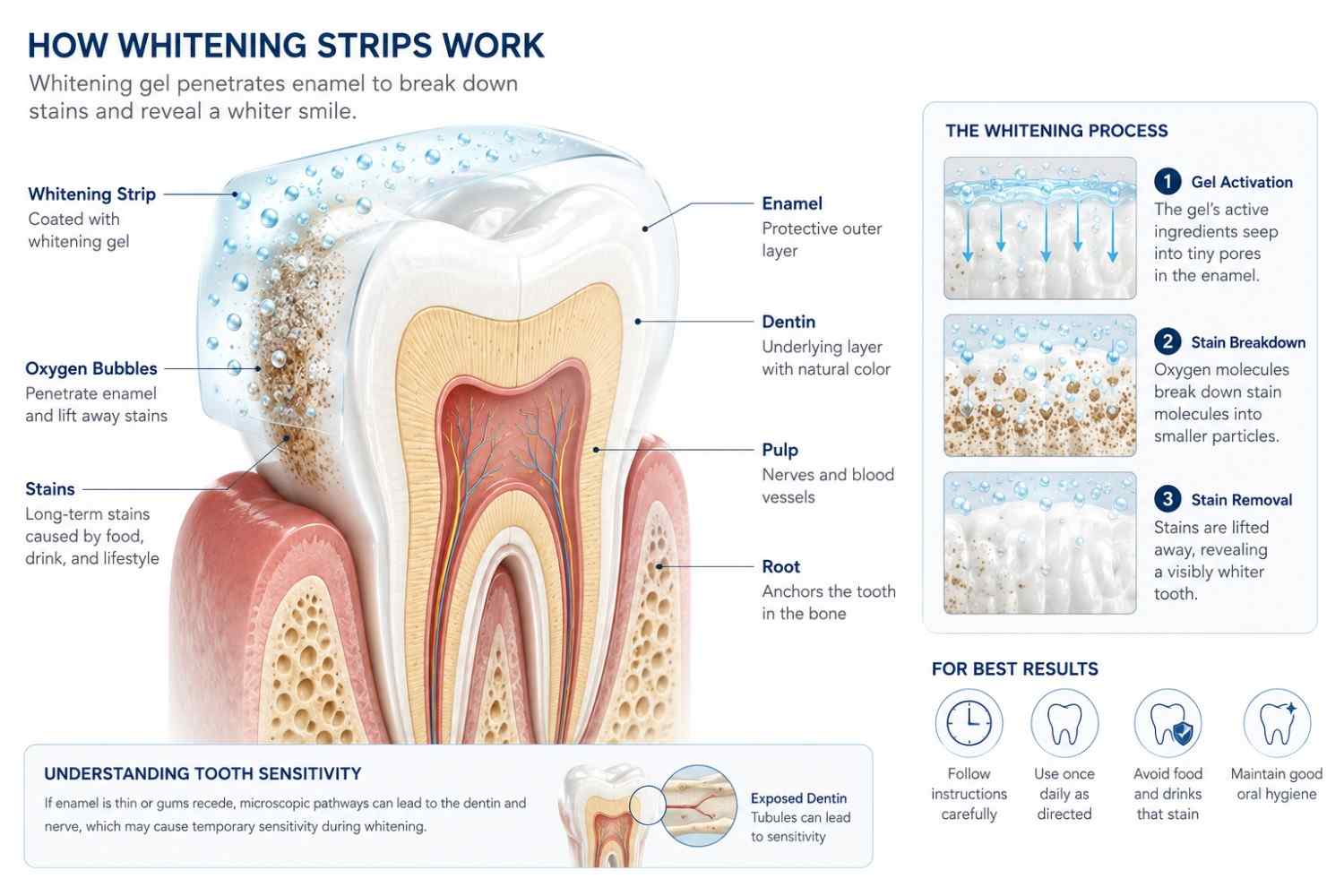 Illustration showing how peroxide reaches tooth enamel and causes temporary sensitivity