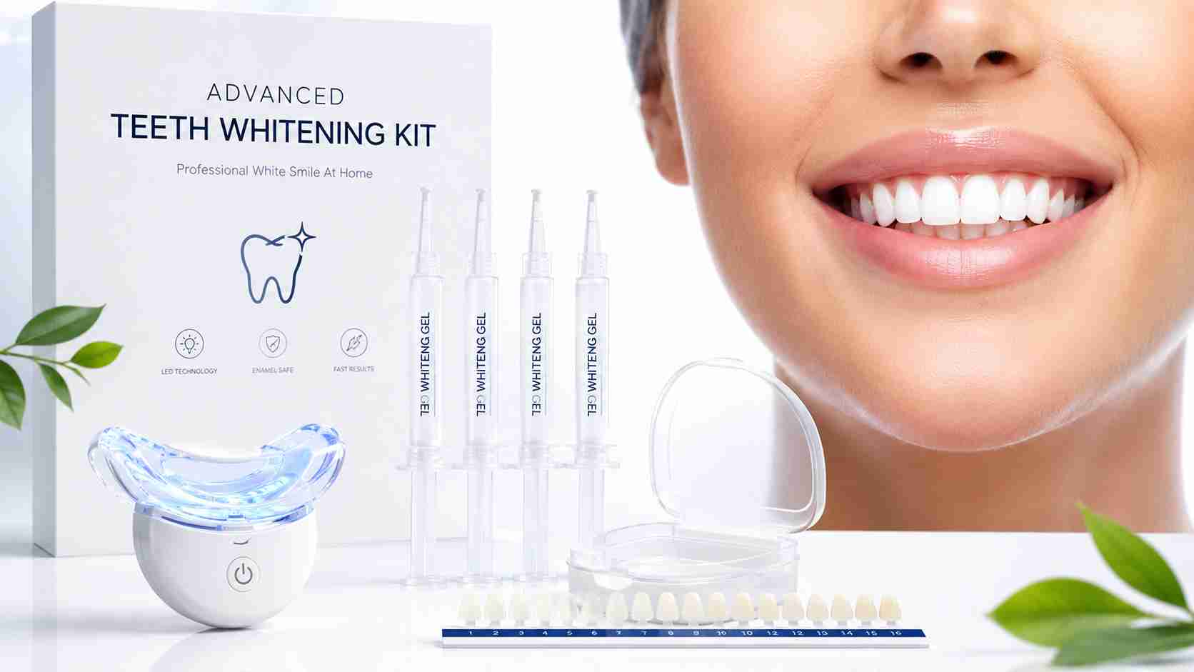 Advanced teeth whitening kit with LED whitening device and whitening gel for a brighter smile