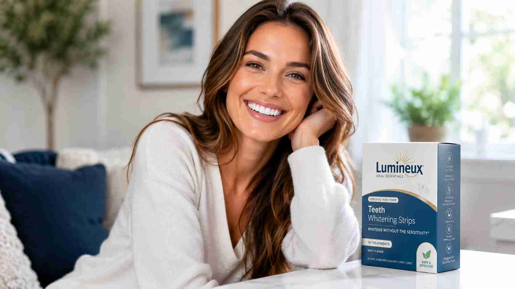 Confident person smiling after using Lumineux teeth whitening strips