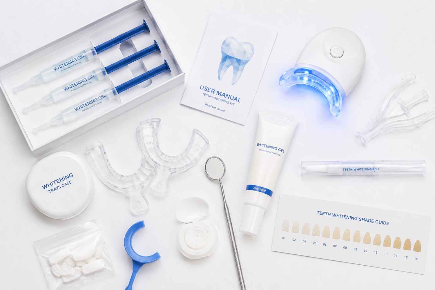 Various bleaching gel teeth whitening products including syringes, trays, and LED kit.