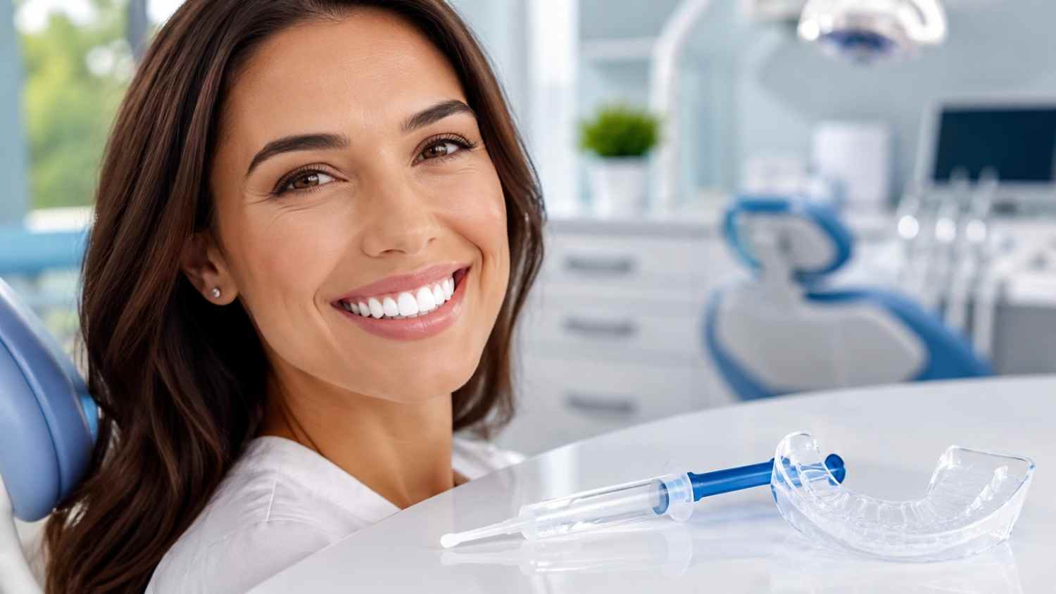 Bleaching gel teeth whitening treatment showing a brighter smile after safe whitening.