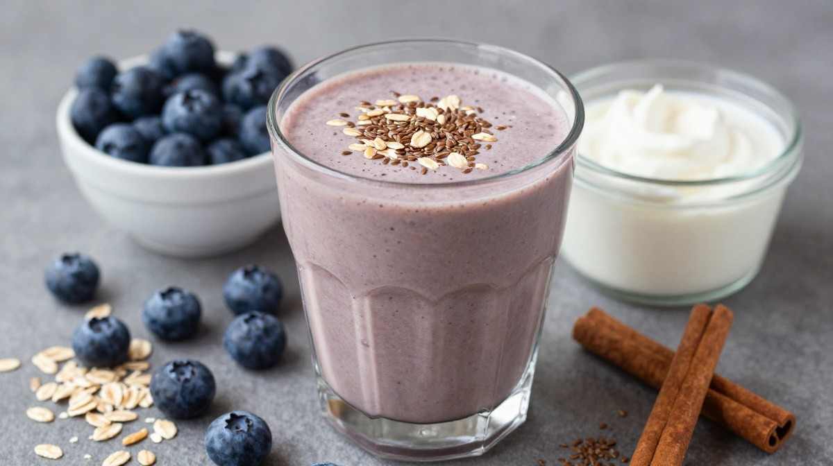 Blueberry oat protein breakfast shake with blueberries and oats