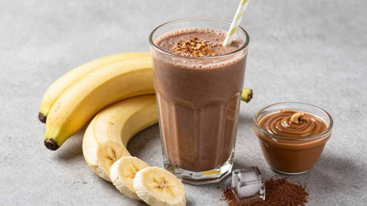 Chocolate peanut butter banana protein shake in a glass