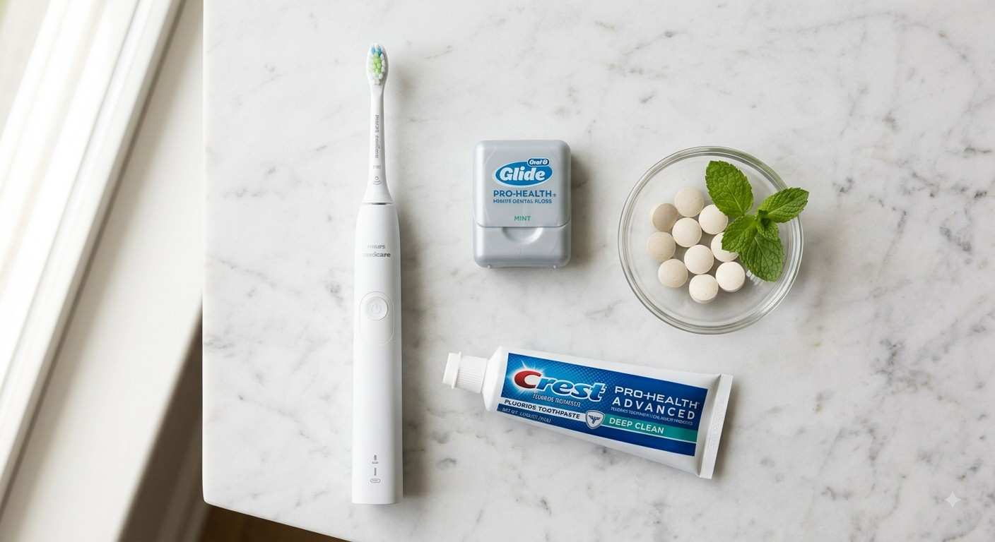 A checklist graphic outlining essential daily oral care steps including brushing, flossing, and optional supplements