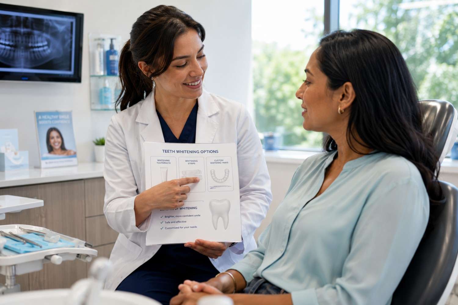 dentist discussing teeth whitening options with patient
