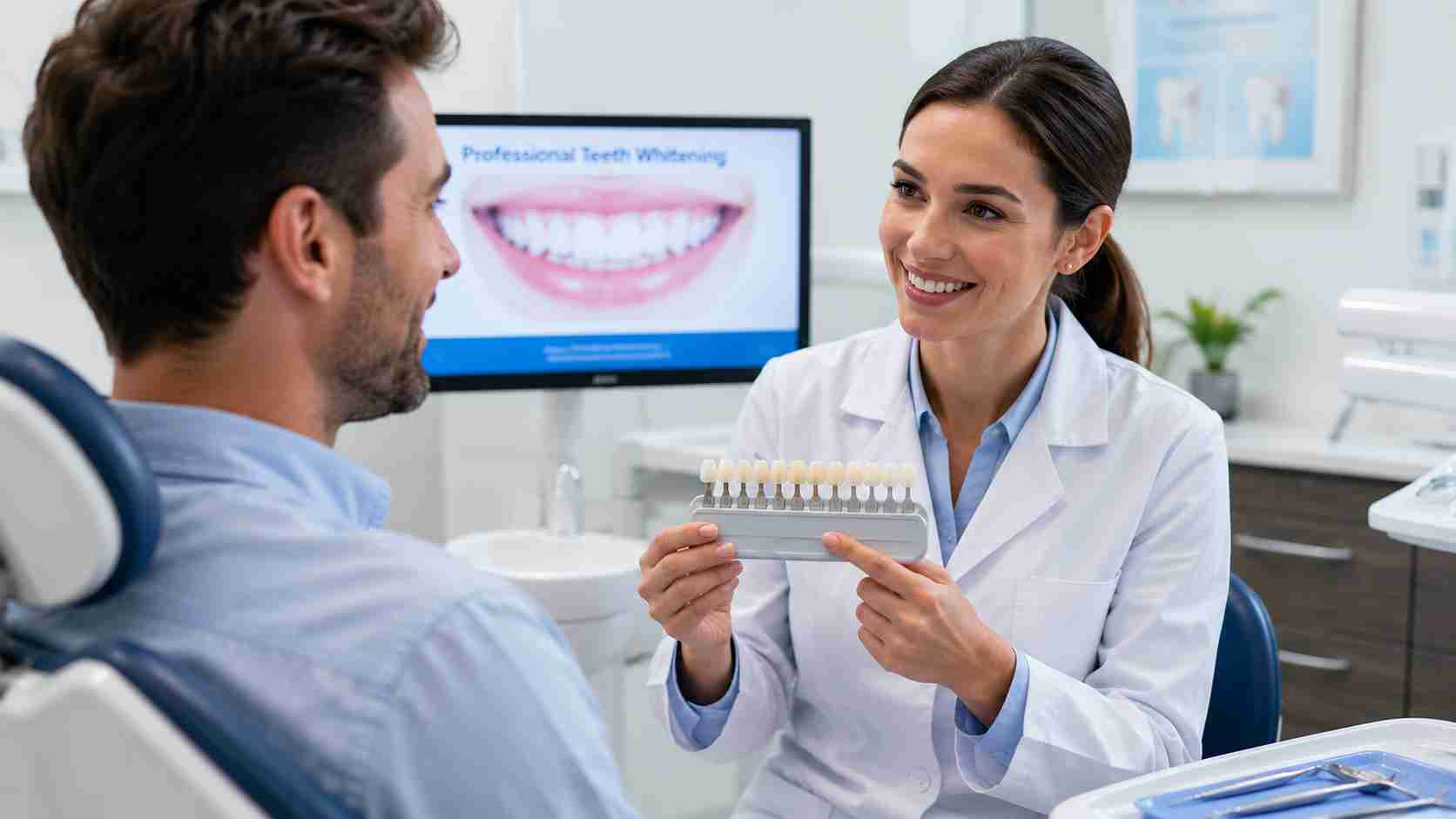 Dentist consulting a patient about professional Zoom teeth whitening treatment
