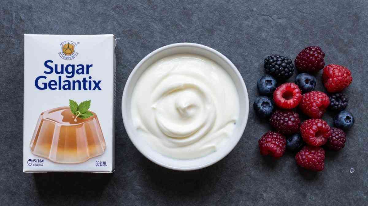 Ingredients for gelatin recipe with Greek yogurt and fresh berries