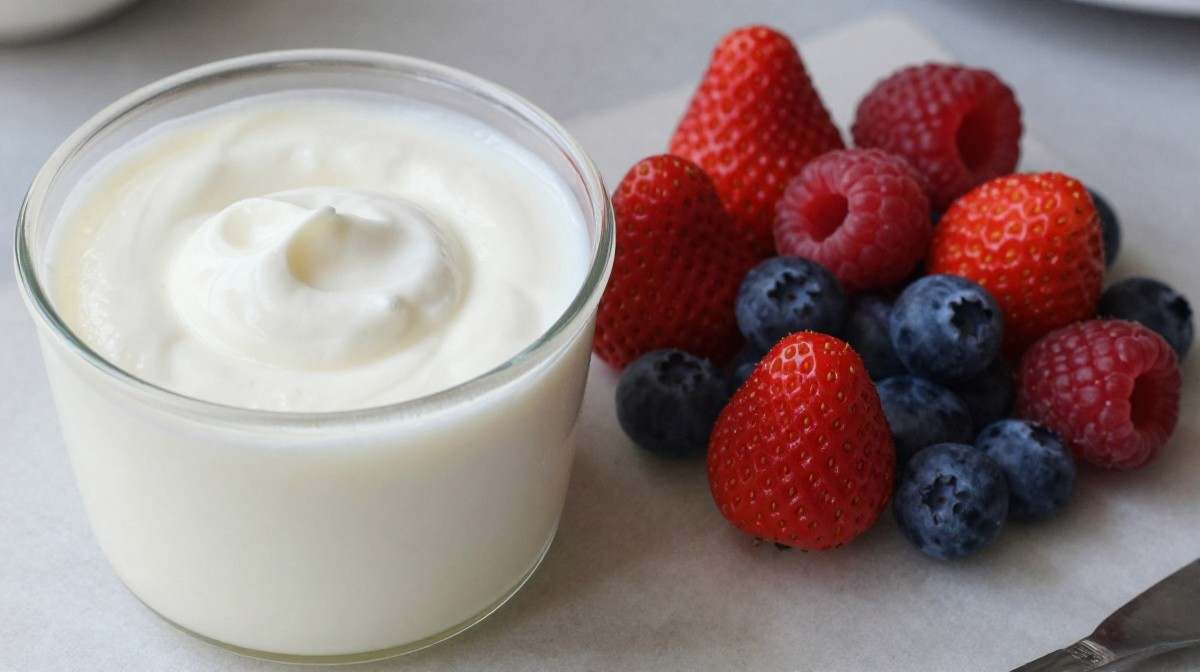 Greek yogurt and berry gelatin dessert for a healthy snack