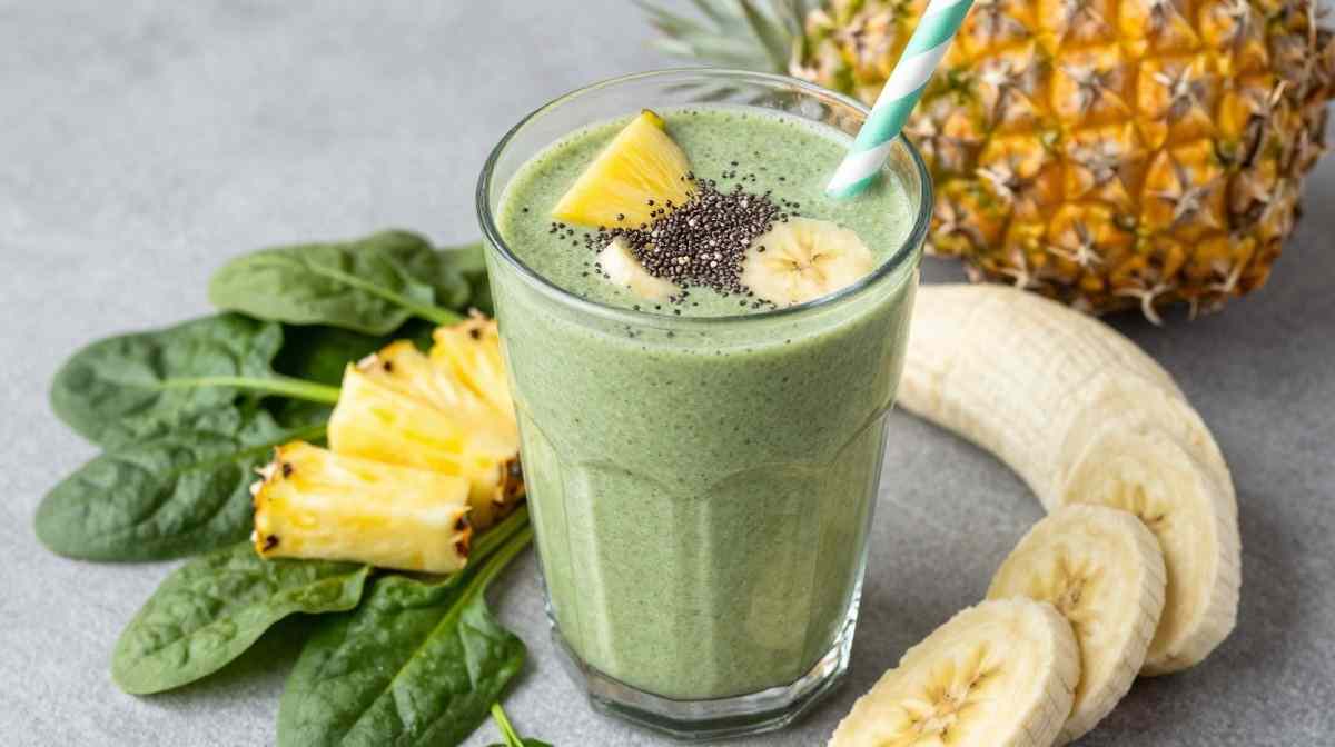 Green protein shake with spinach pineapple and banana