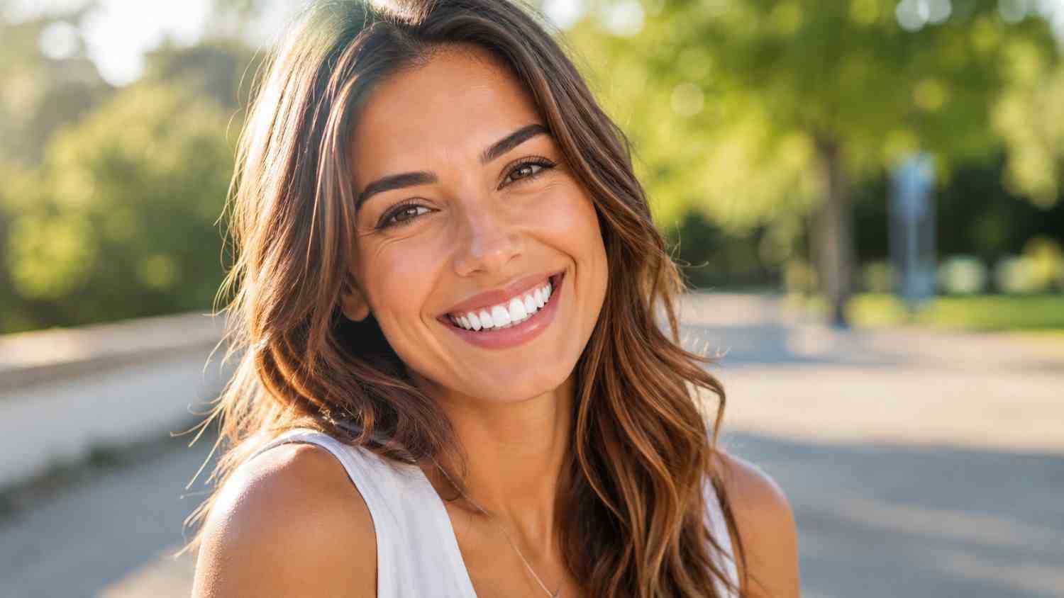 Healthy bright smile maintained after successful bleaching gel teeth whitening treatment.