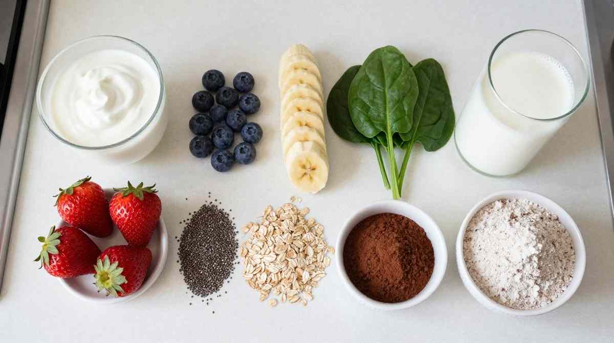 Healthy protein shake preparation with fruit yogurt and protein powder