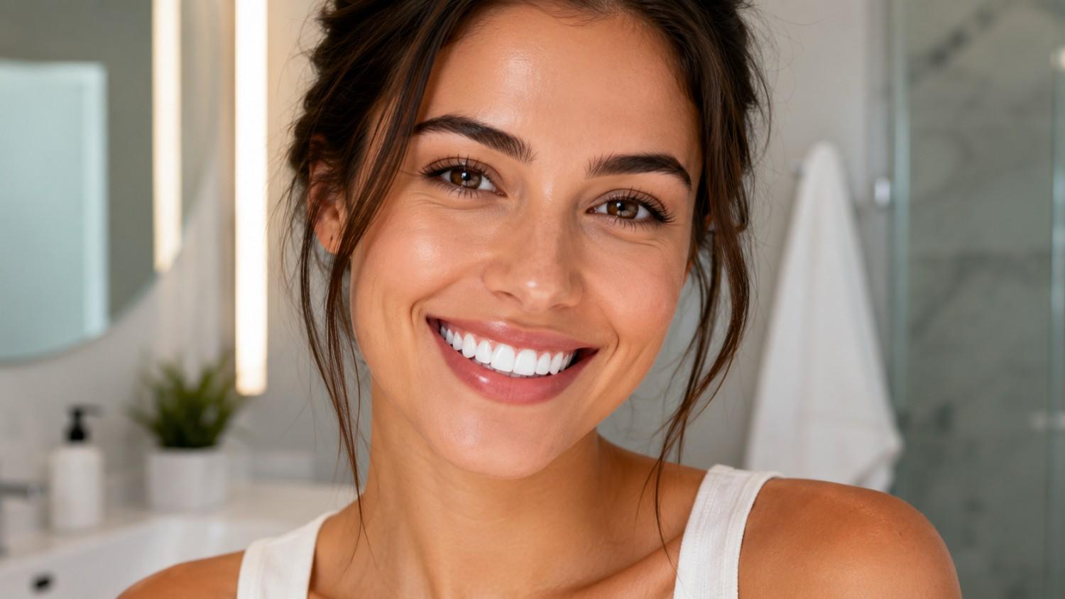 Healthy bright smile after using purple teeth whitening strips