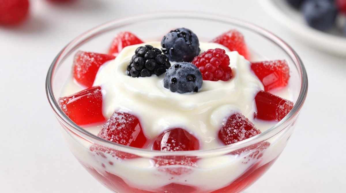 High-protein jello snack with Greek yogurt and berries