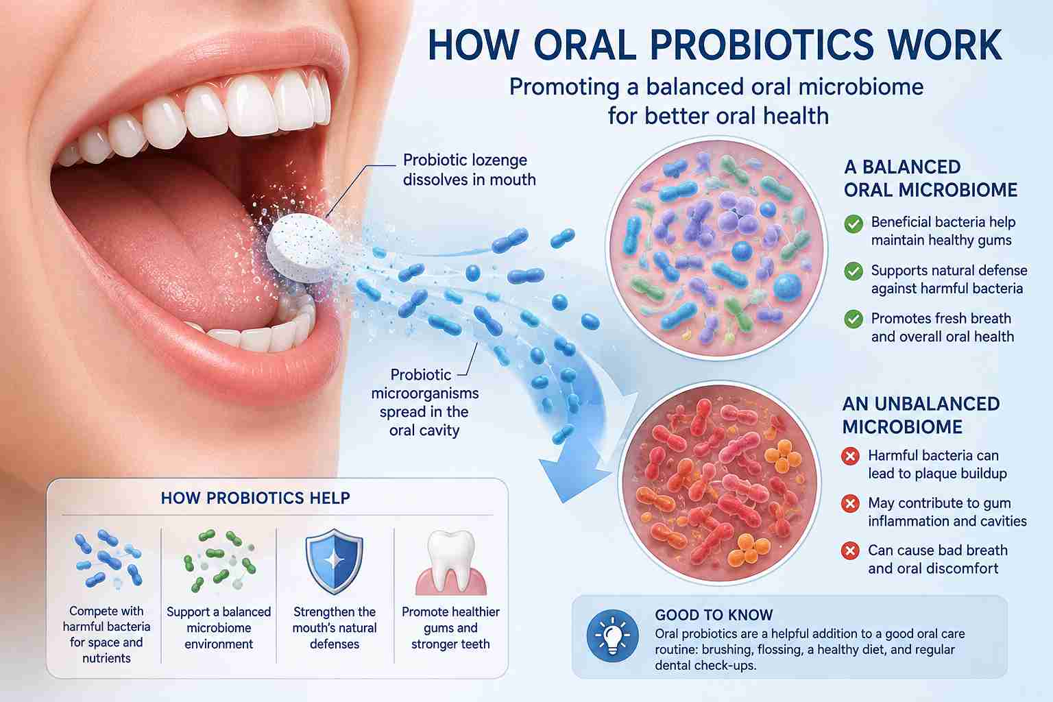 Illustration showing how oral probiotics interact with the mouth microbiome