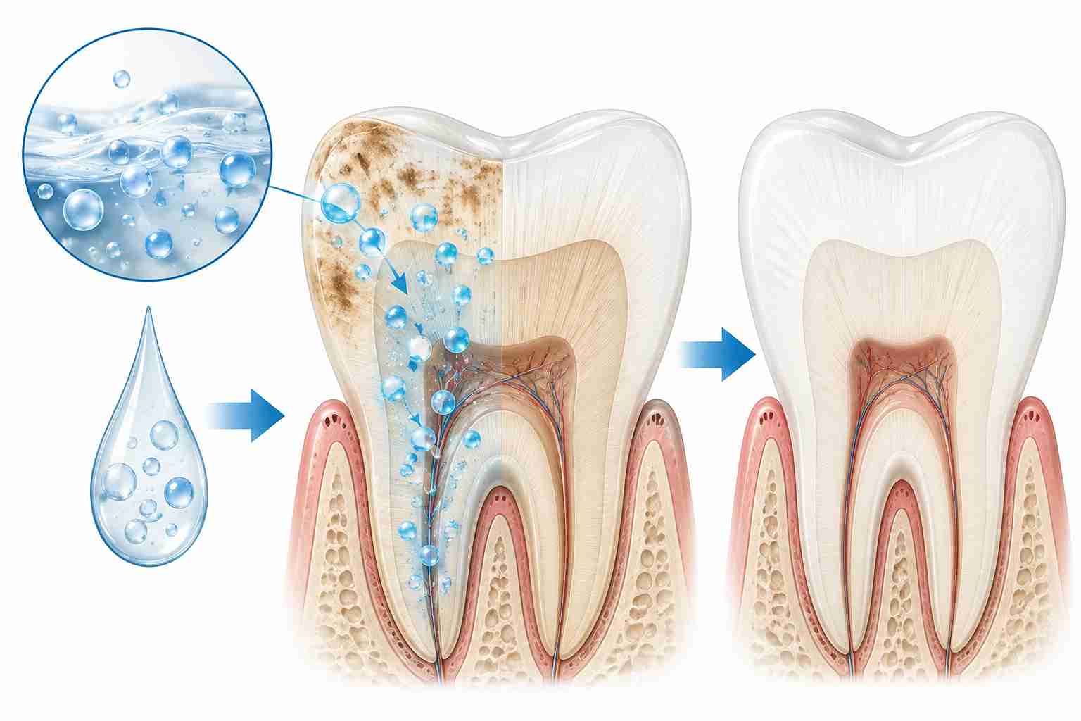 How peroxide-based teeth whitening works on surface and deeper stains