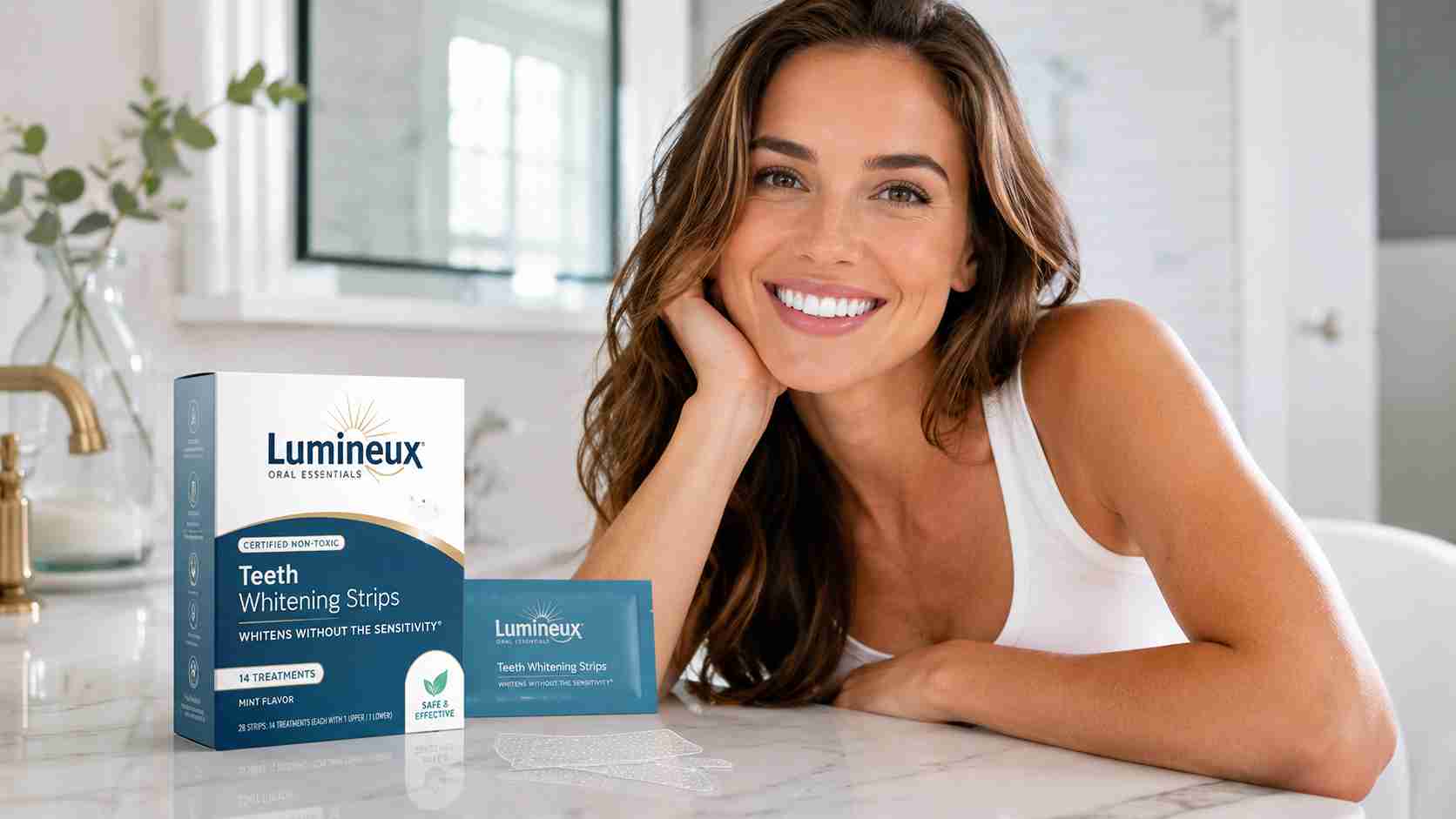 Lumineux teeth whitening strips packaging beside a bright healthy smile