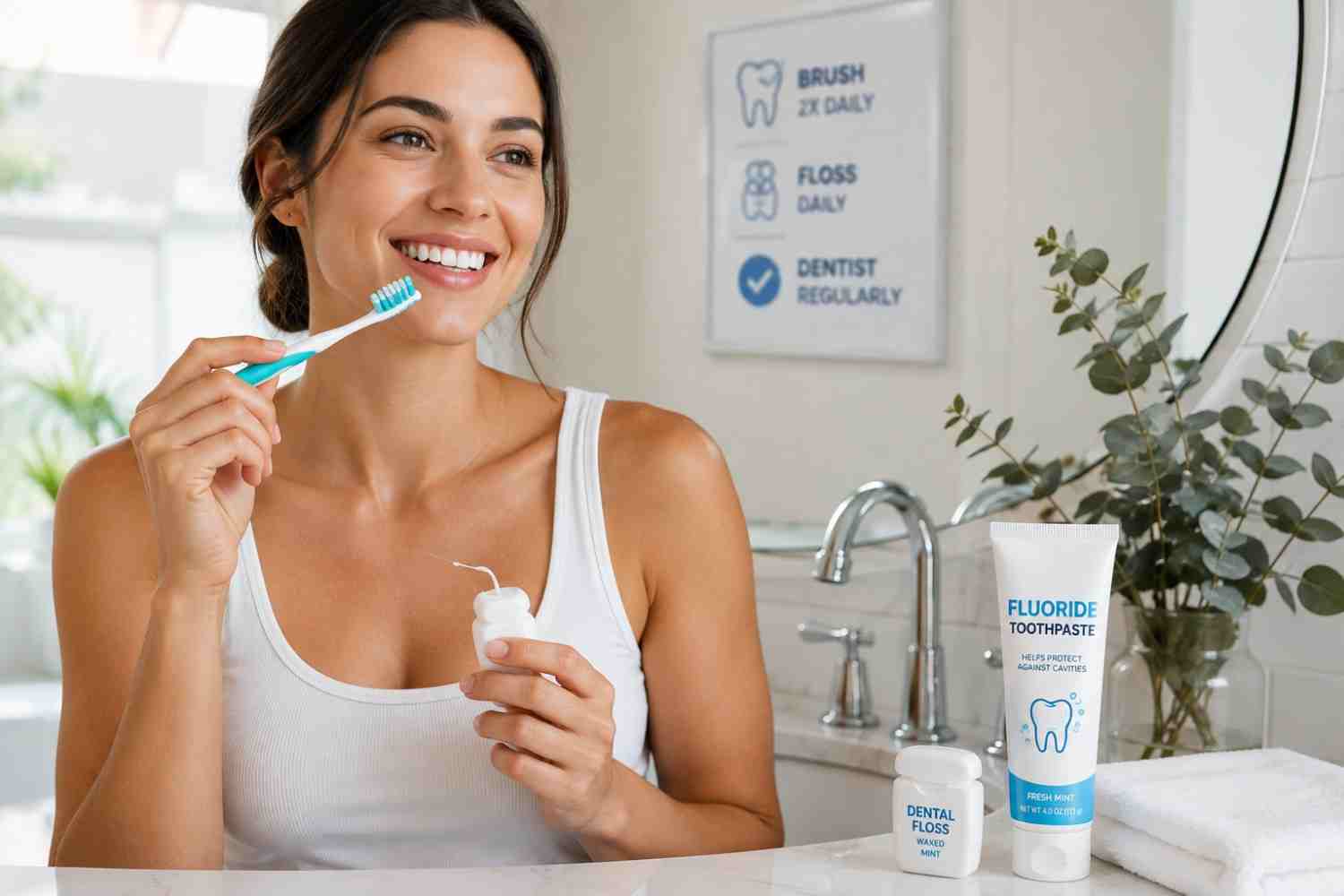 Daily oral health routine with brushing and flossing