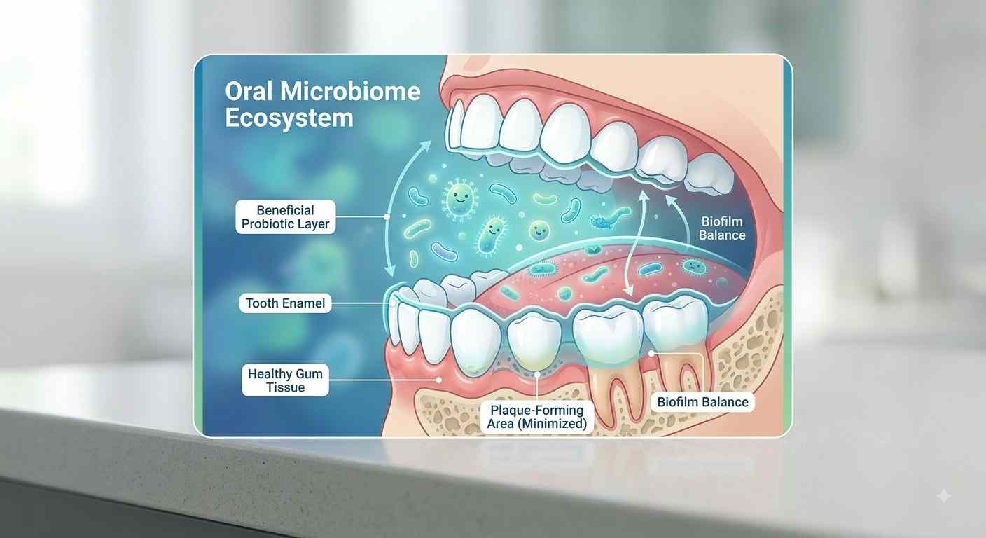 An educational infographic illustrating good and bad bacteria balance in the oral microbiome.