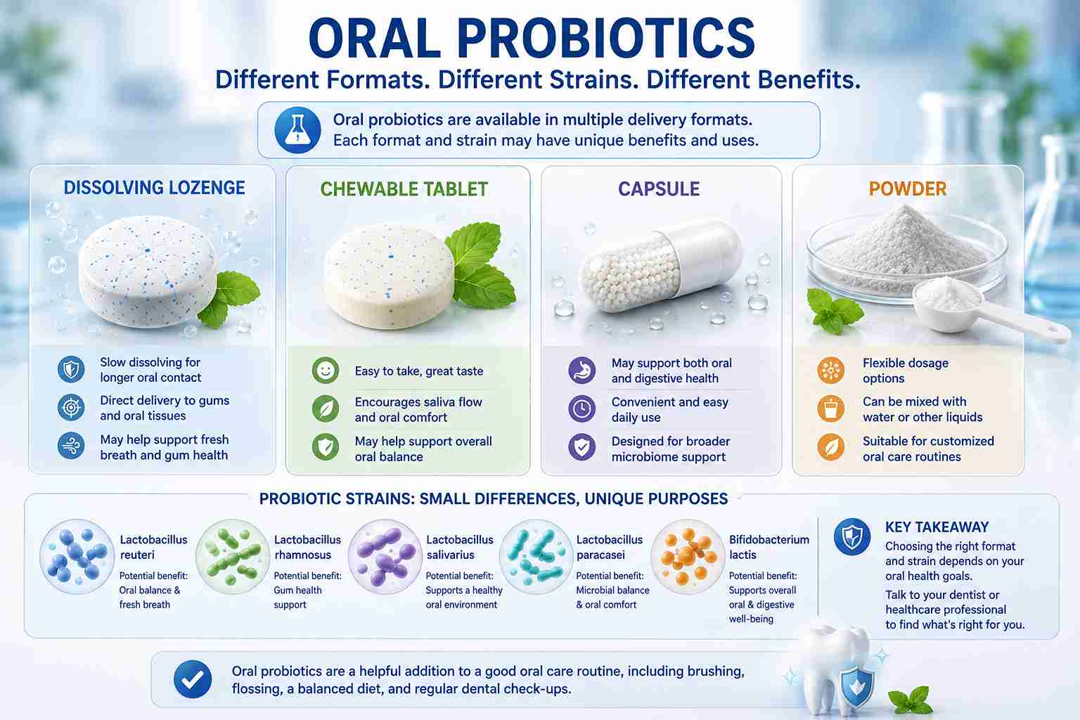 Different oral probiotic strains and delivery formats including lozenges and tablets