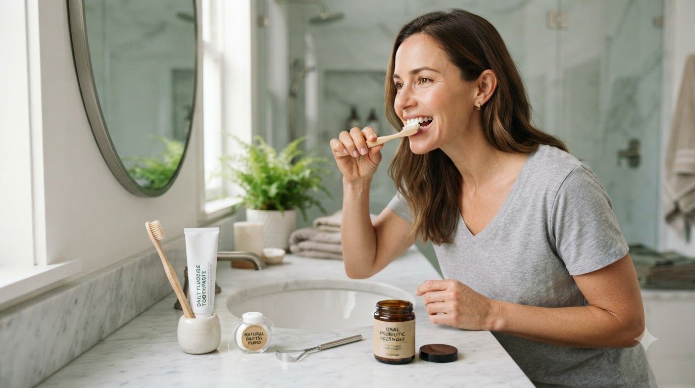Daily oral care routine with fluoride toothpaste floss and oral probiotics