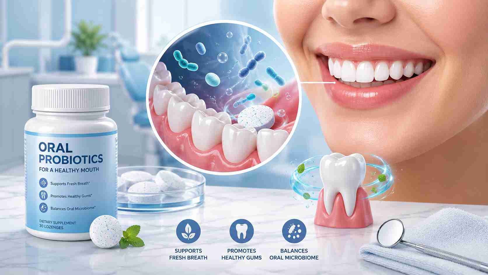 Oral probiotics and oral health illustrated with probiotic lozenges and healthy teeth